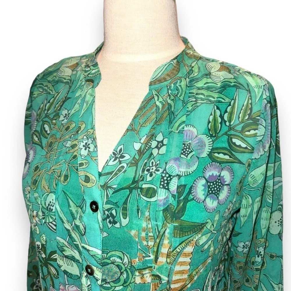 Soft Surroundings Luau Garden Shirt Sheer Blouse w Tank Top Green Floral Medium - Picture 3 of 10